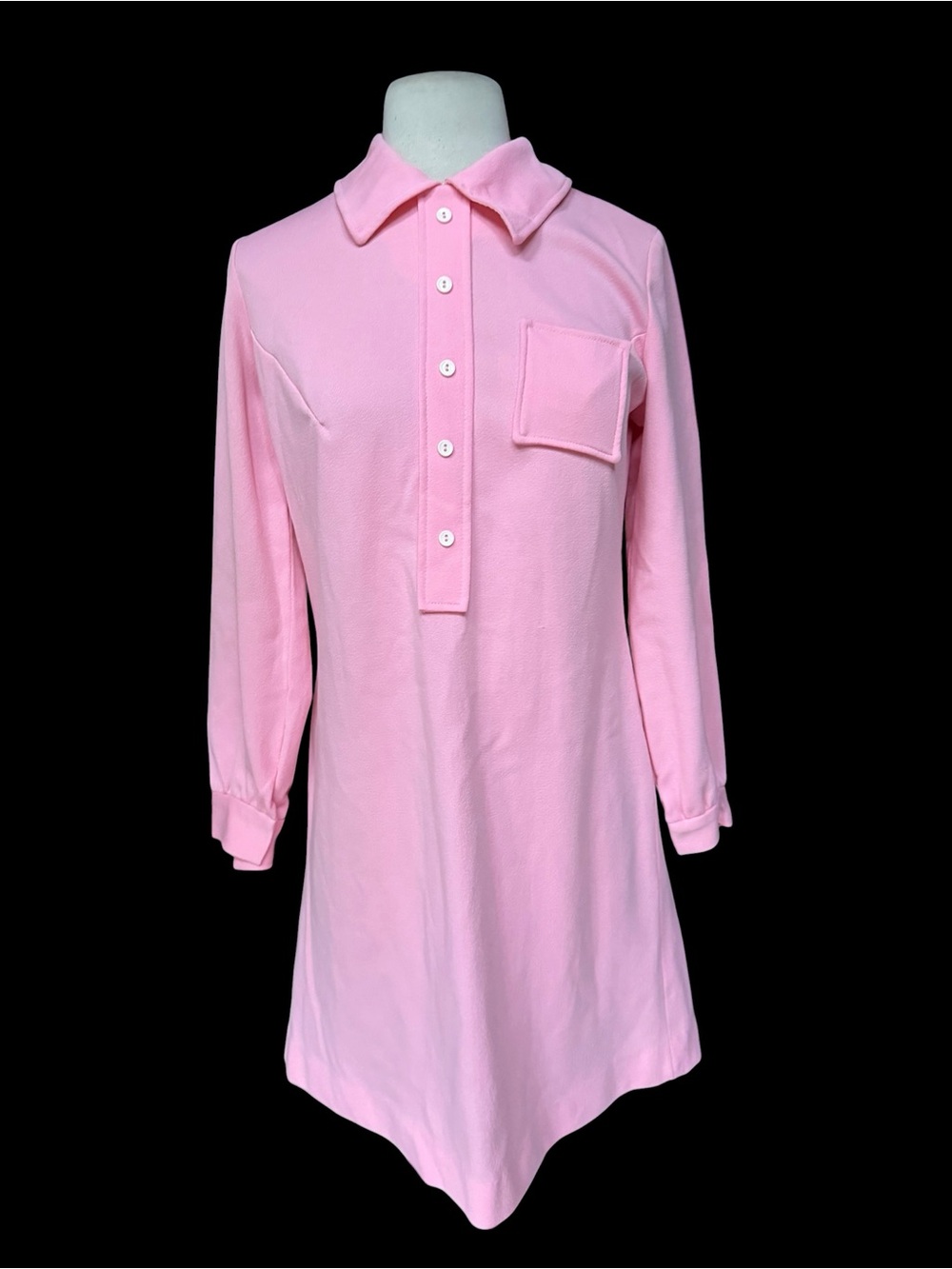 1960s Bubblegum Pink Double-Knit Poly Long Sleeve Mini Mod Dress